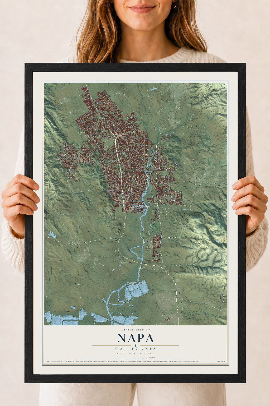 Map of Napa, California, 18 x 24 inch print in a black wood frame