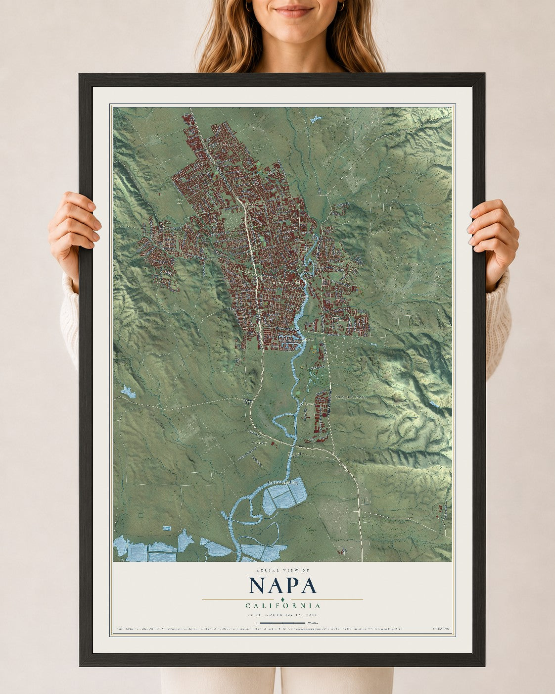 Map of Napa, California, 24 x 36 inch print in a black wood frame