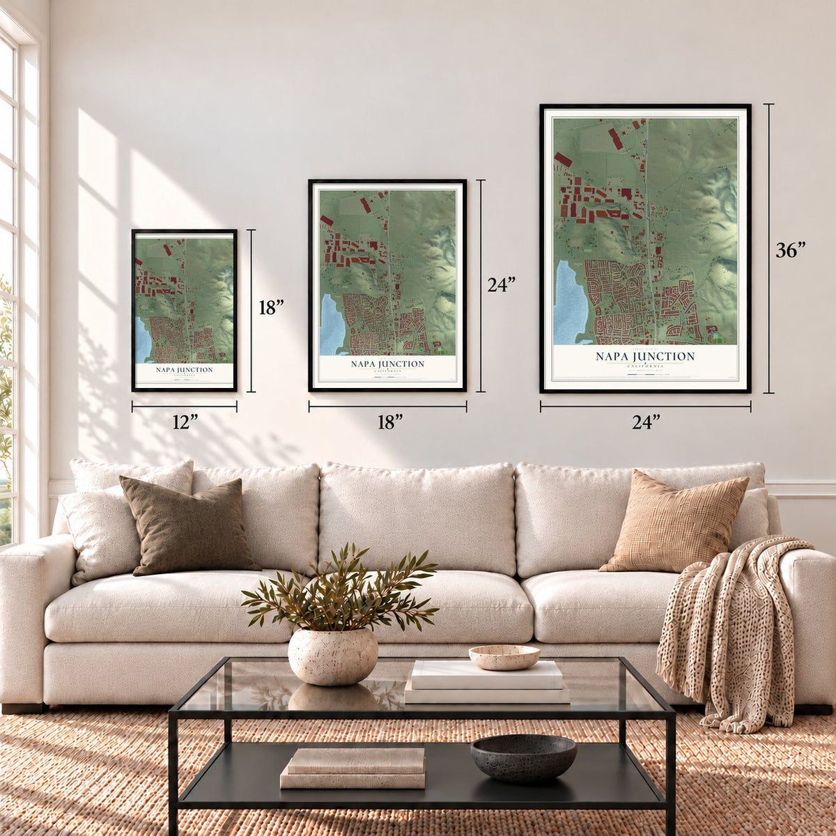 Napa Junction, California map in 12 x 18, 18 x 24 and 24 x 36 inch sizes above a sofa