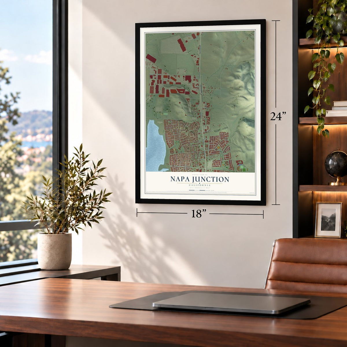 Napa Junction, California map, 18 x 24 inch print in a black frame in a home office