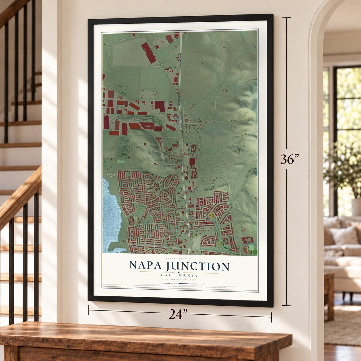 Napa Junction, California map, 24 x 36 inch print in a black frame by a staircase