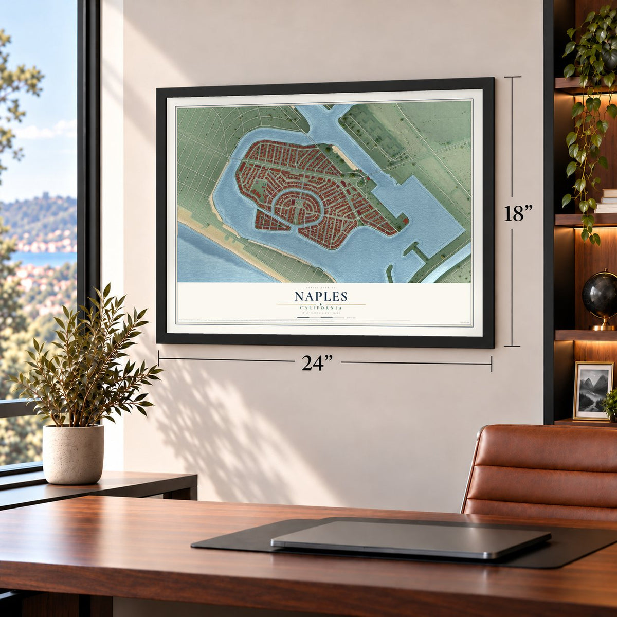 Naples, California map, 18 x 24 inch print in a black frame in a home office