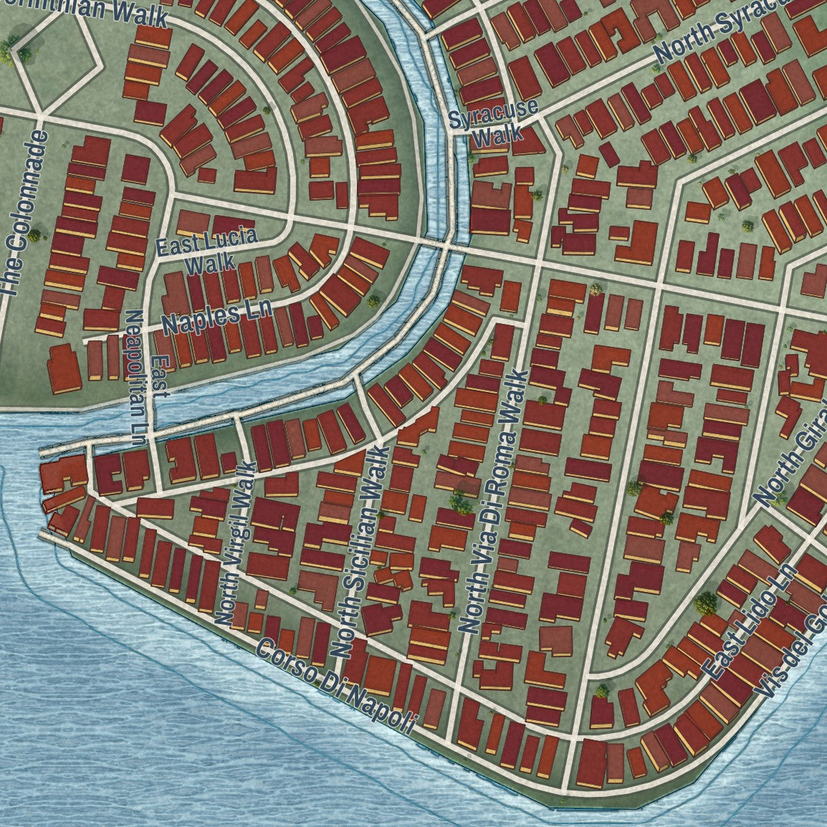 Close-up of the map of Naples, California print showing street and building detail