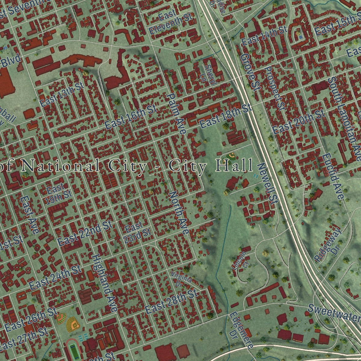 Close-up of the map of National City, California print showing street and building detail
