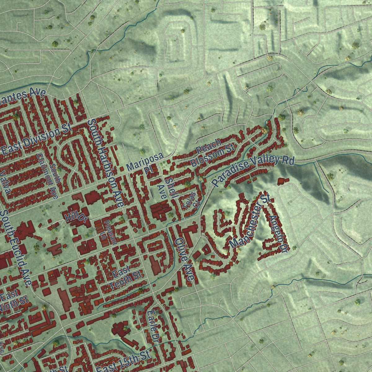 Second close-up of the map of National City, California print showing more streets and buildings