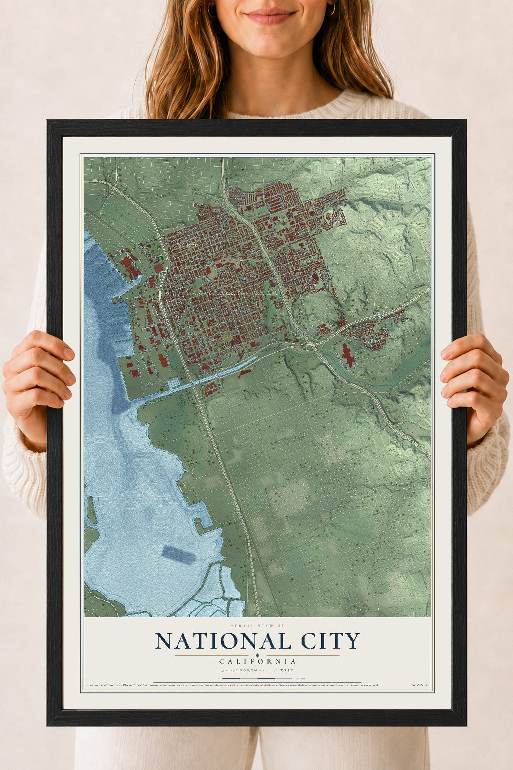 Map of National City, California, 18 x 24 inch print in a black wood frame