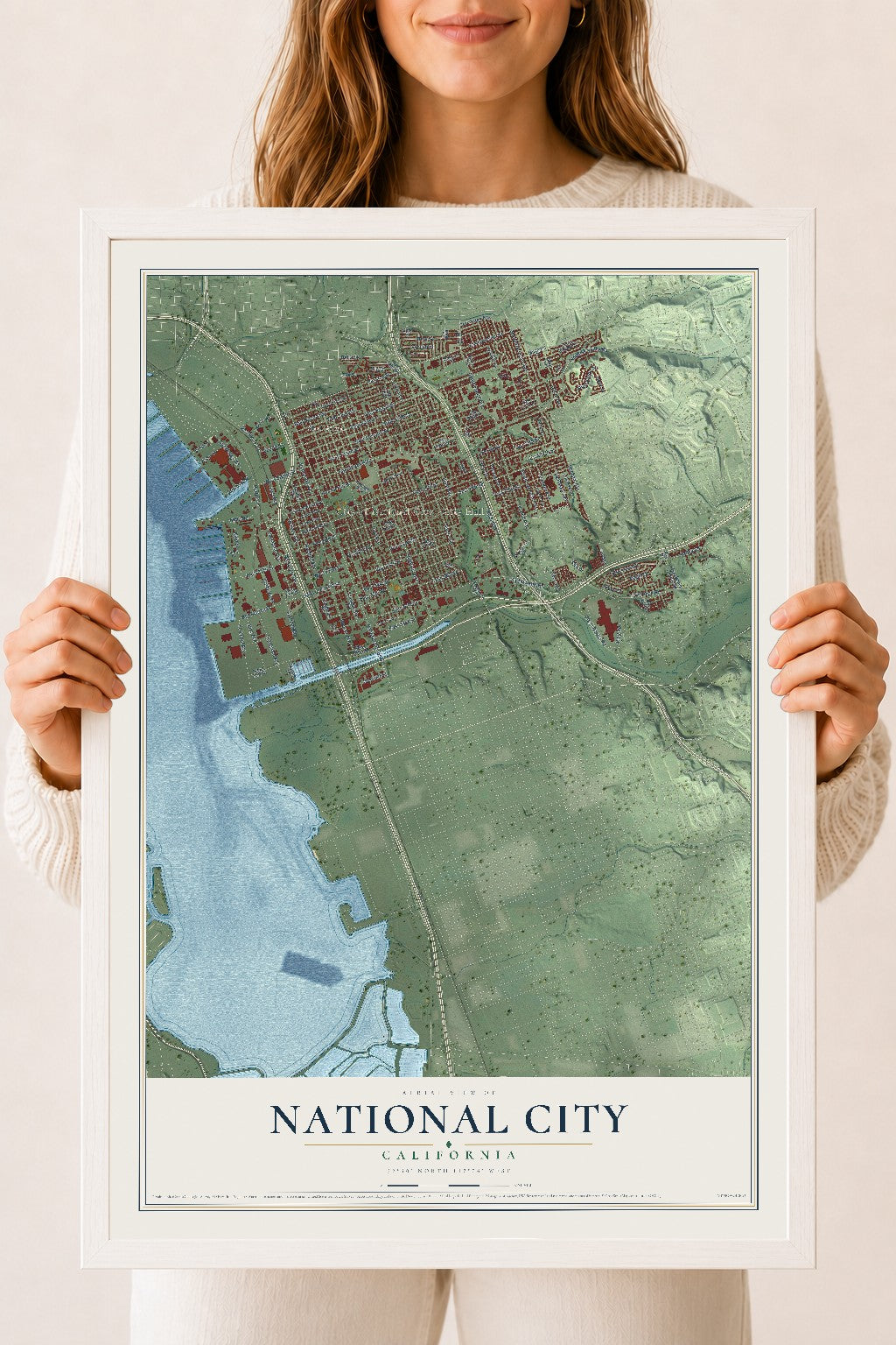 Map of National City, California, 18 x 24 inch print in a white wood frame