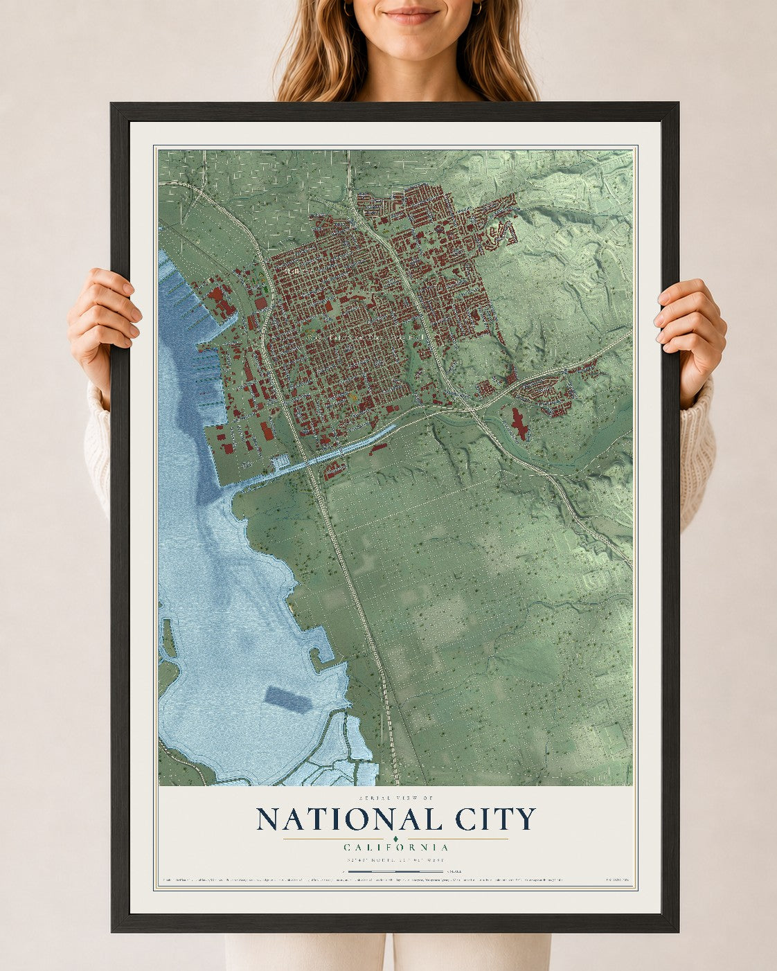 Map of National City, California, 24 x 36 inch print in a black wood frame