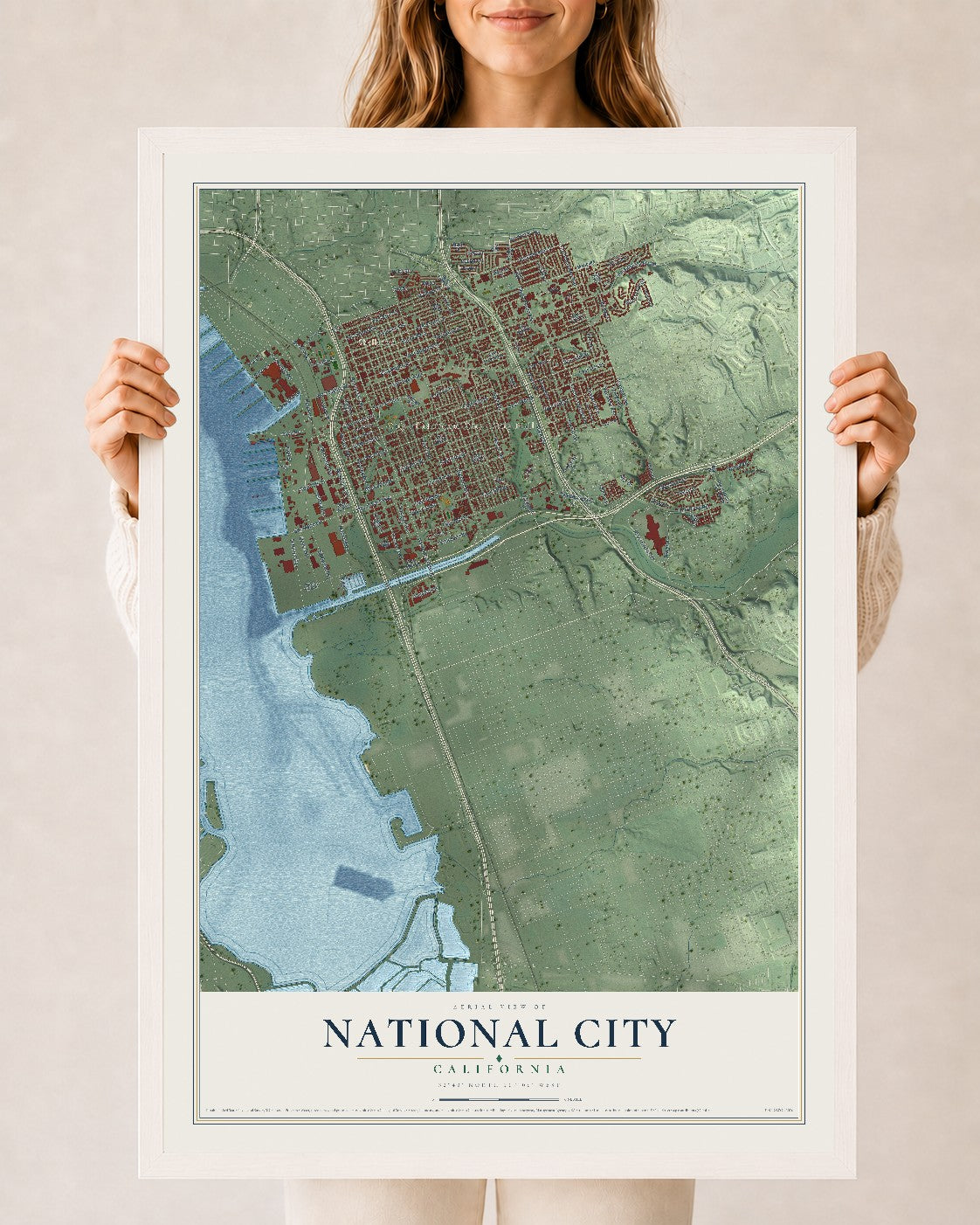 Map of National City, California, 24 x 36 inch print in a white wood frame