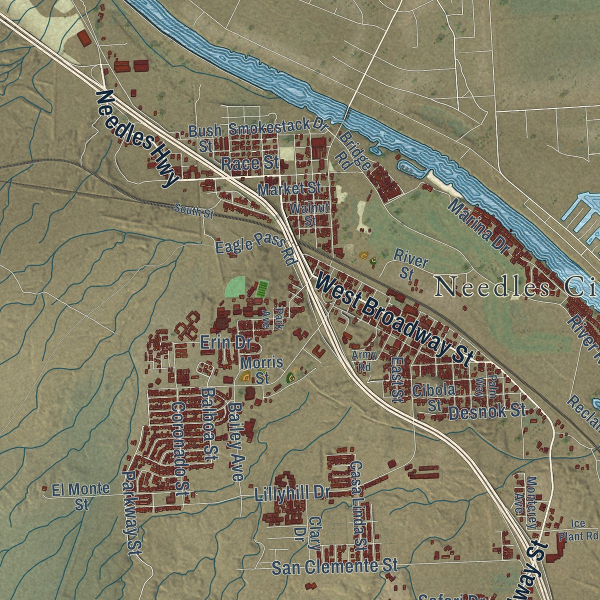 Second close-up of the map of Needles, California print showing more streets and buildings