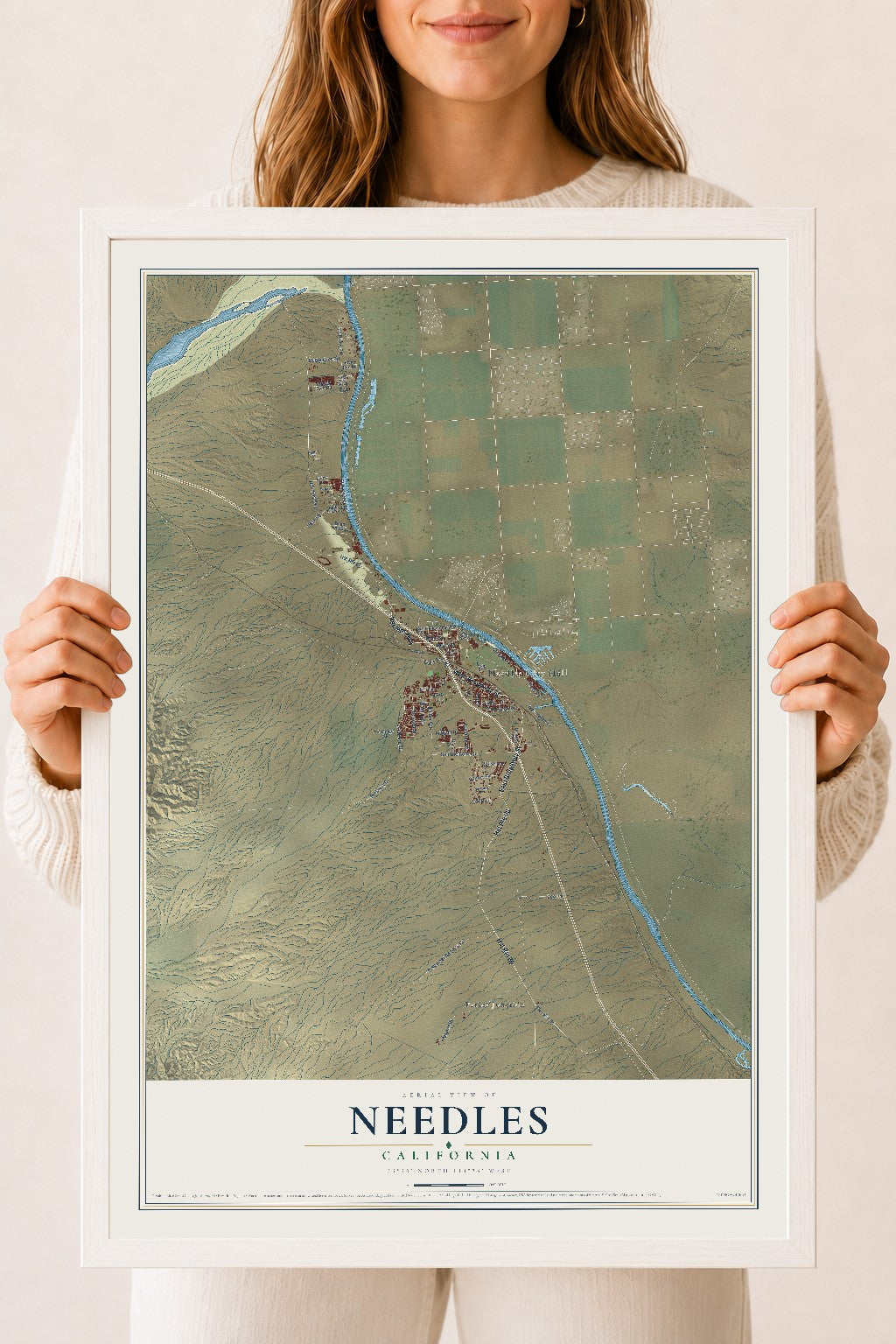 Map of Needles, California, 18 x 24 inch print in a white wood frame