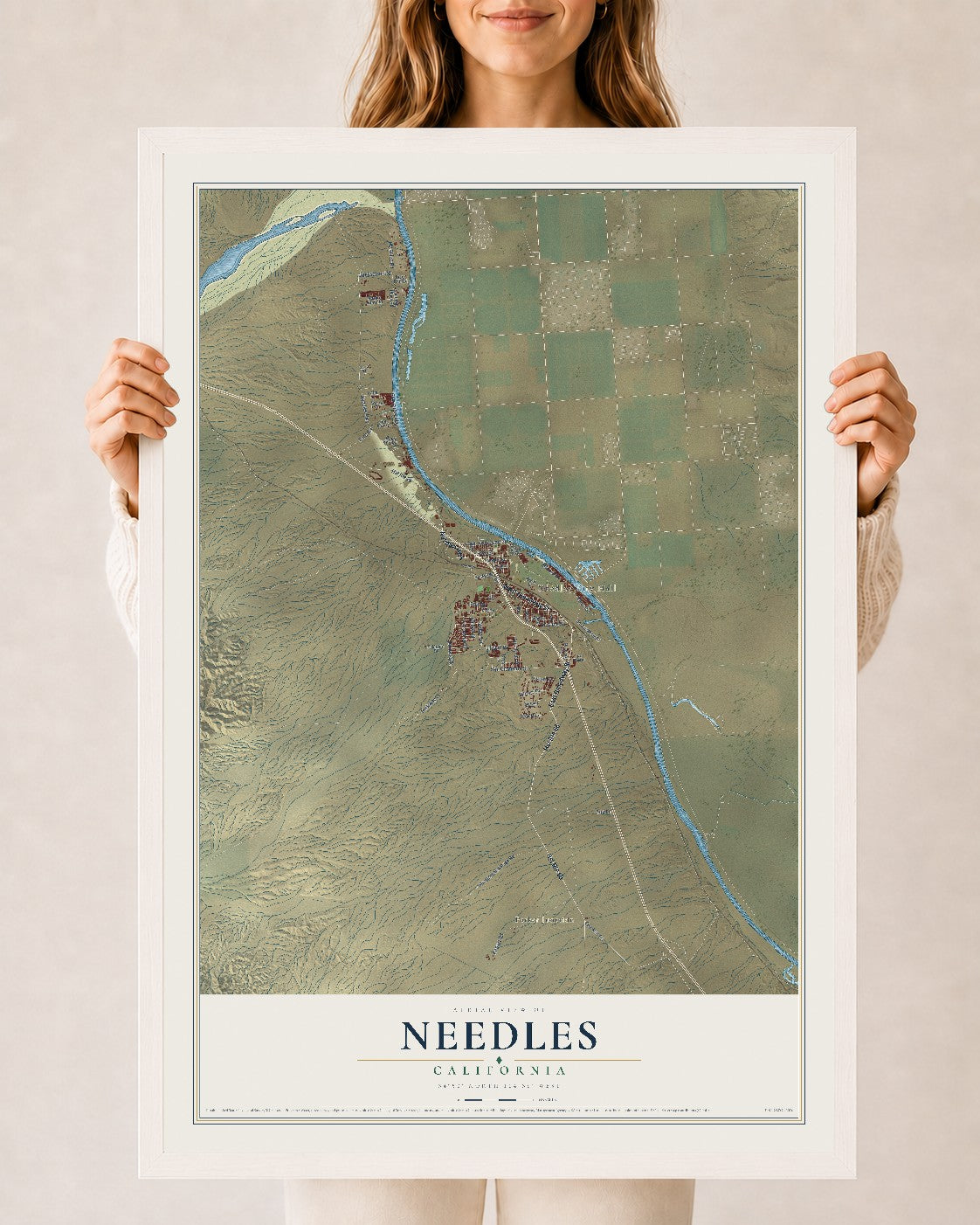 Map of Needles, California, 24 x 36 inch print in a white wood frame
