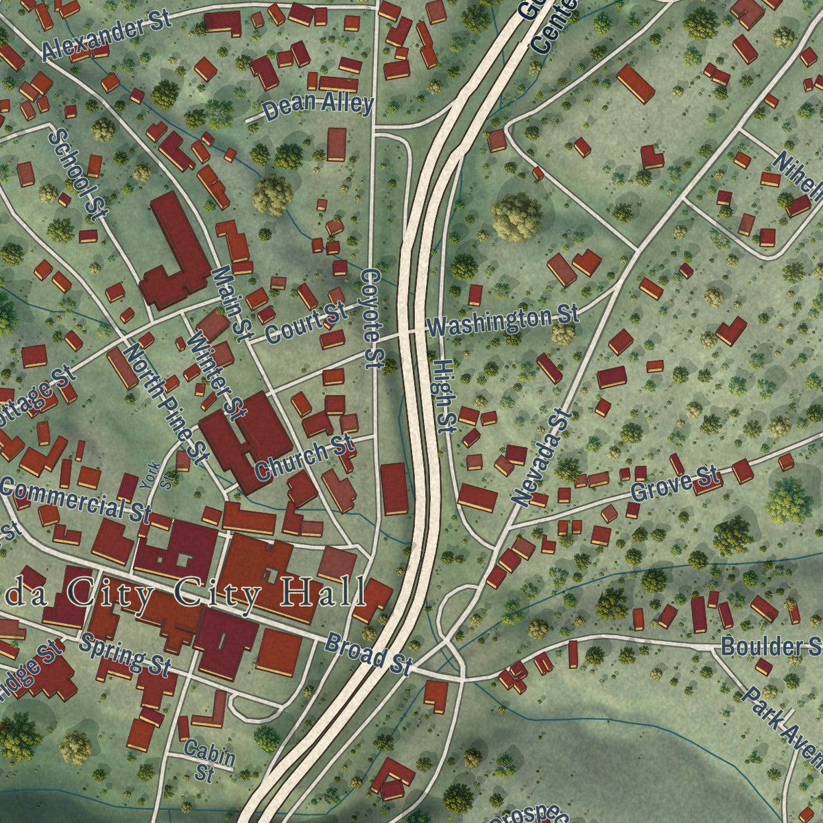 Close-up of the map of Nevada City, California print showing street and building detail