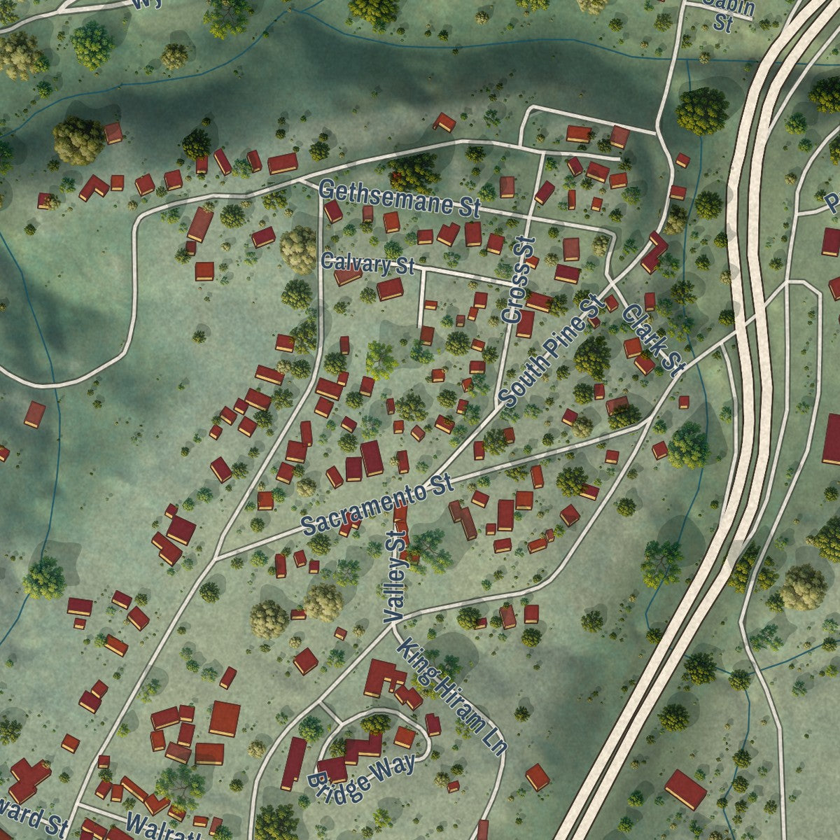 Second close-up of the map of Nevada City, California print showing more streets and buildings