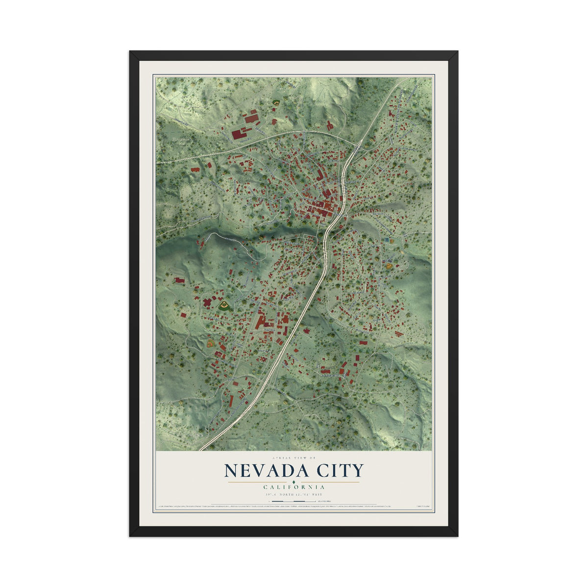 Map of Nevada City, California, 12 x 18 inch print in a black wood frame
