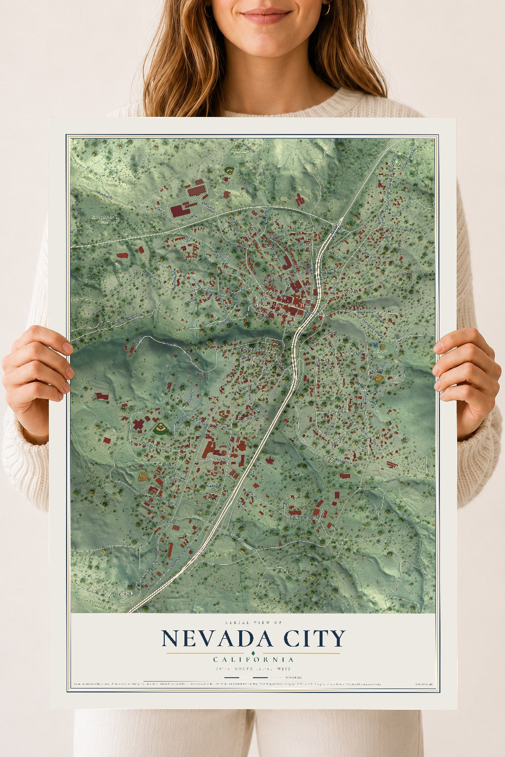 Map of Nevada City, California, 18 x 24 inch unframed archival matte print