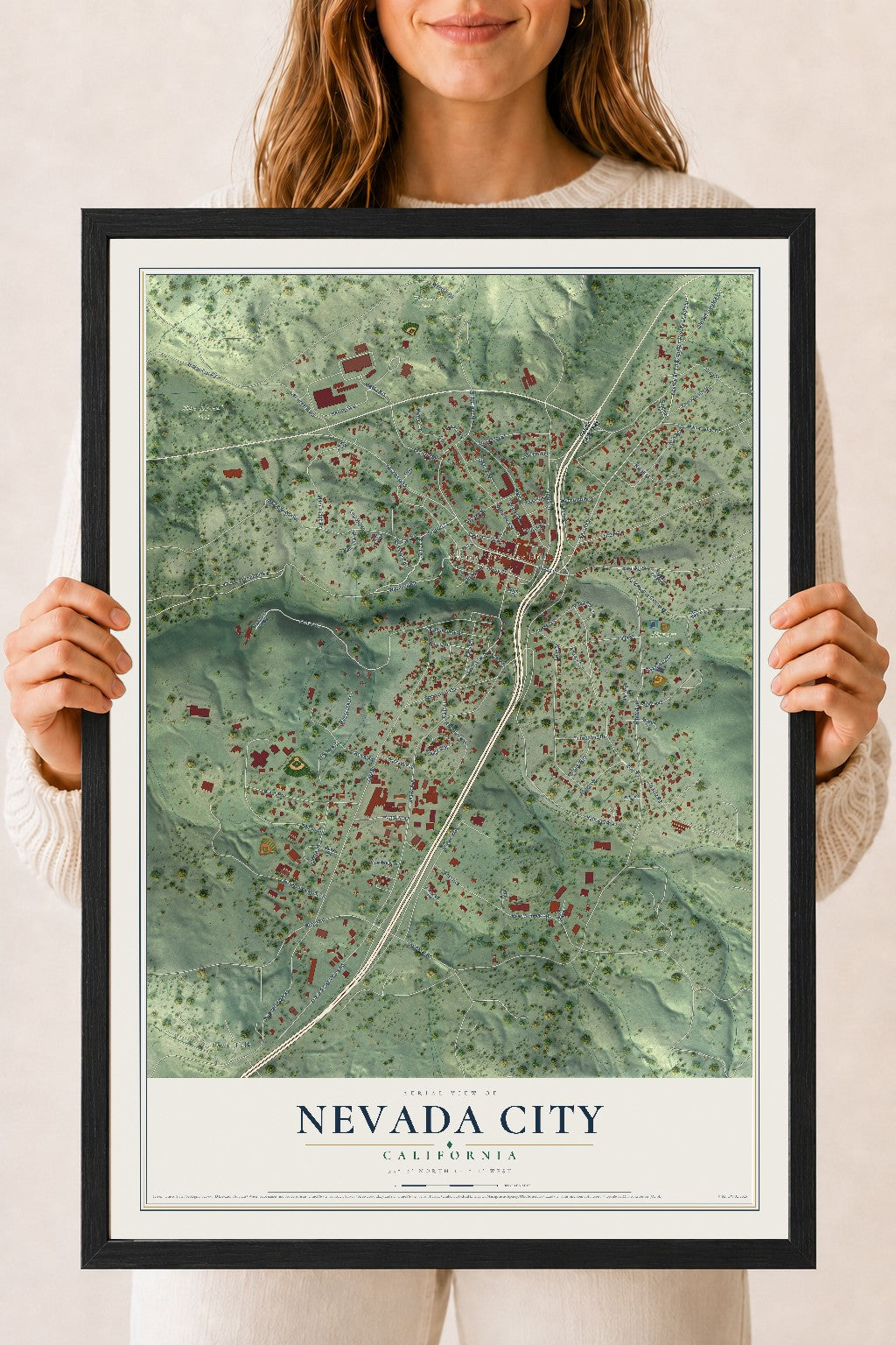 Map of Nevada City, California, 18 x 24 inch print in a black wood frame