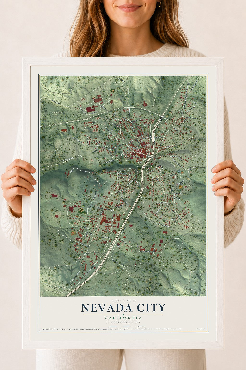 Map of Nevada City, California, 18 x 24 inch print in a white wood frame