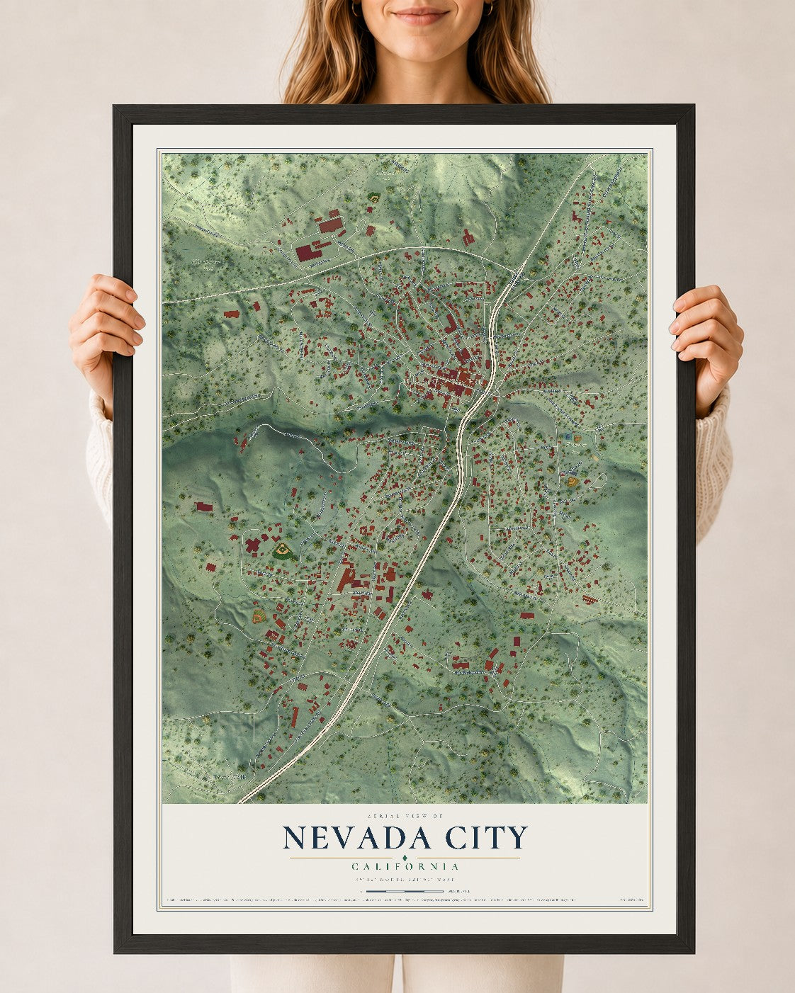 Map of Nevada City, California, 24 x 36 inch print in a black wood frame