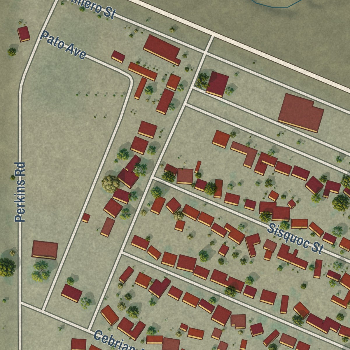 Close-up of the map of New Cuyama, California print showing street and building detail