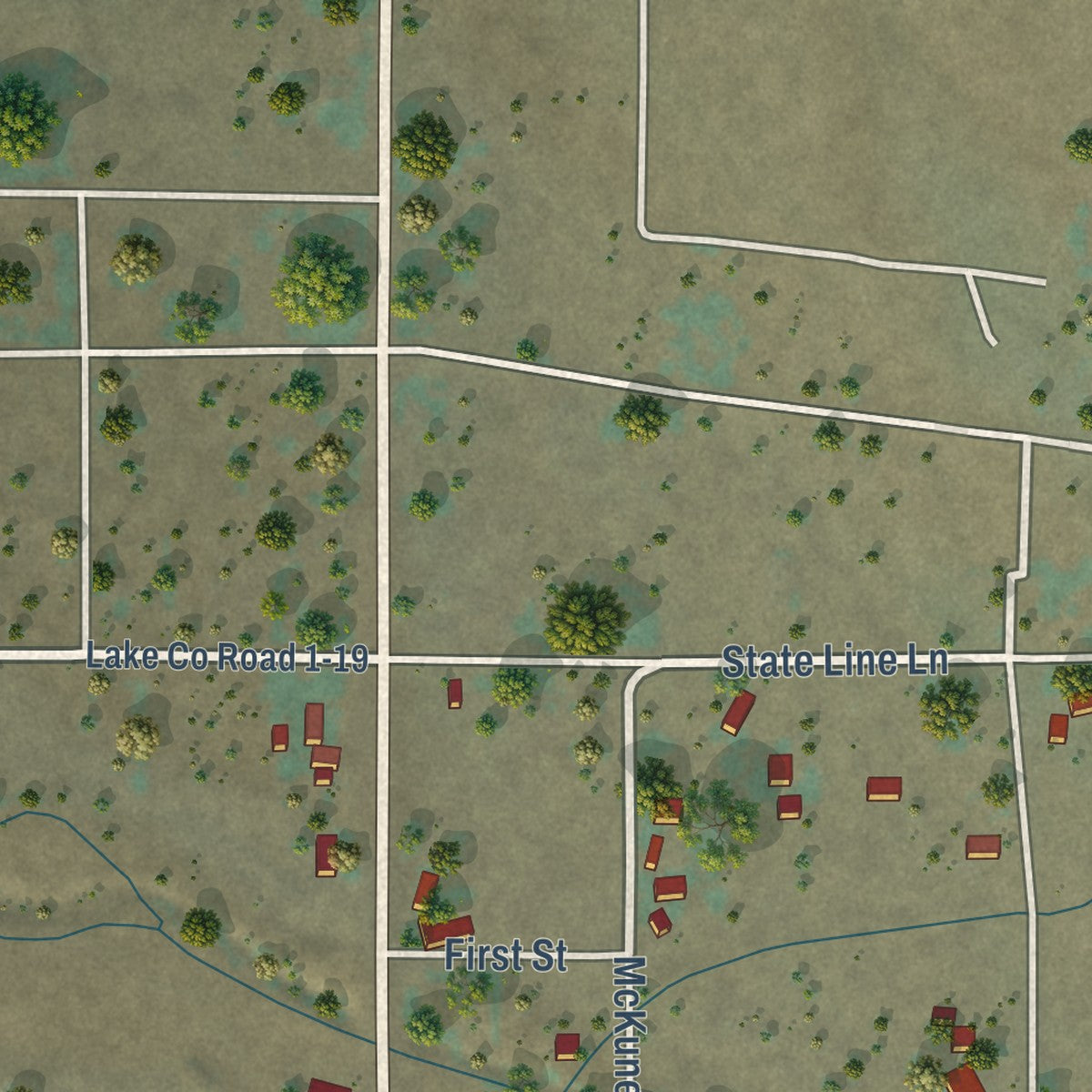 Close-up of the map of New Pine Creek, California print showing street and building detail