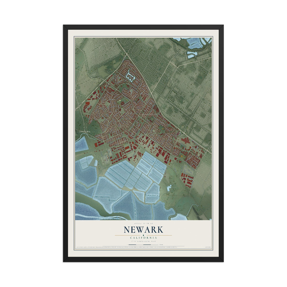 Map of Newark, California, 12 x 18 inch print in a black wood frame