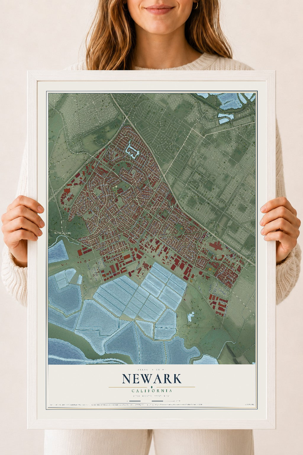 Map of Newark, California, 18 x 24 inch print in a white wood frame