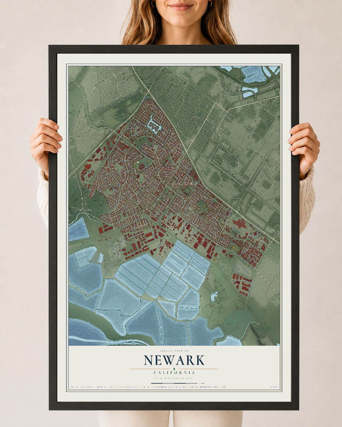 Map of Newark, California, 24 x 36 inch print in a black wood frame