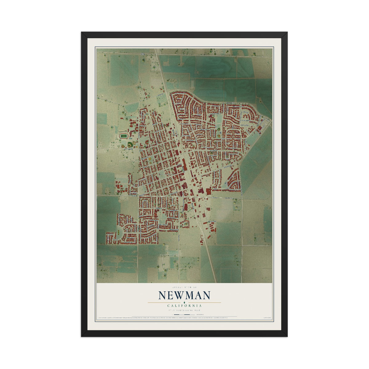Map of Newman, California, 12 x 18 inch print in a black wood frame