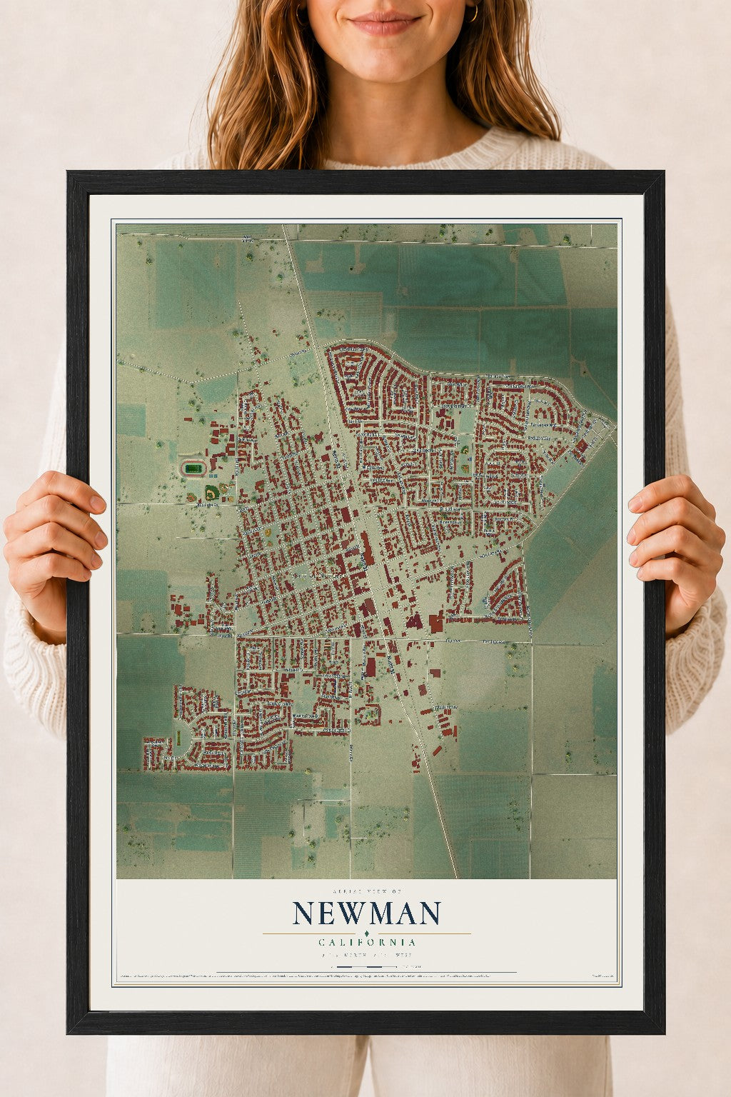 Map of Newman, California, 18 x 24 inch print in a black wood frame