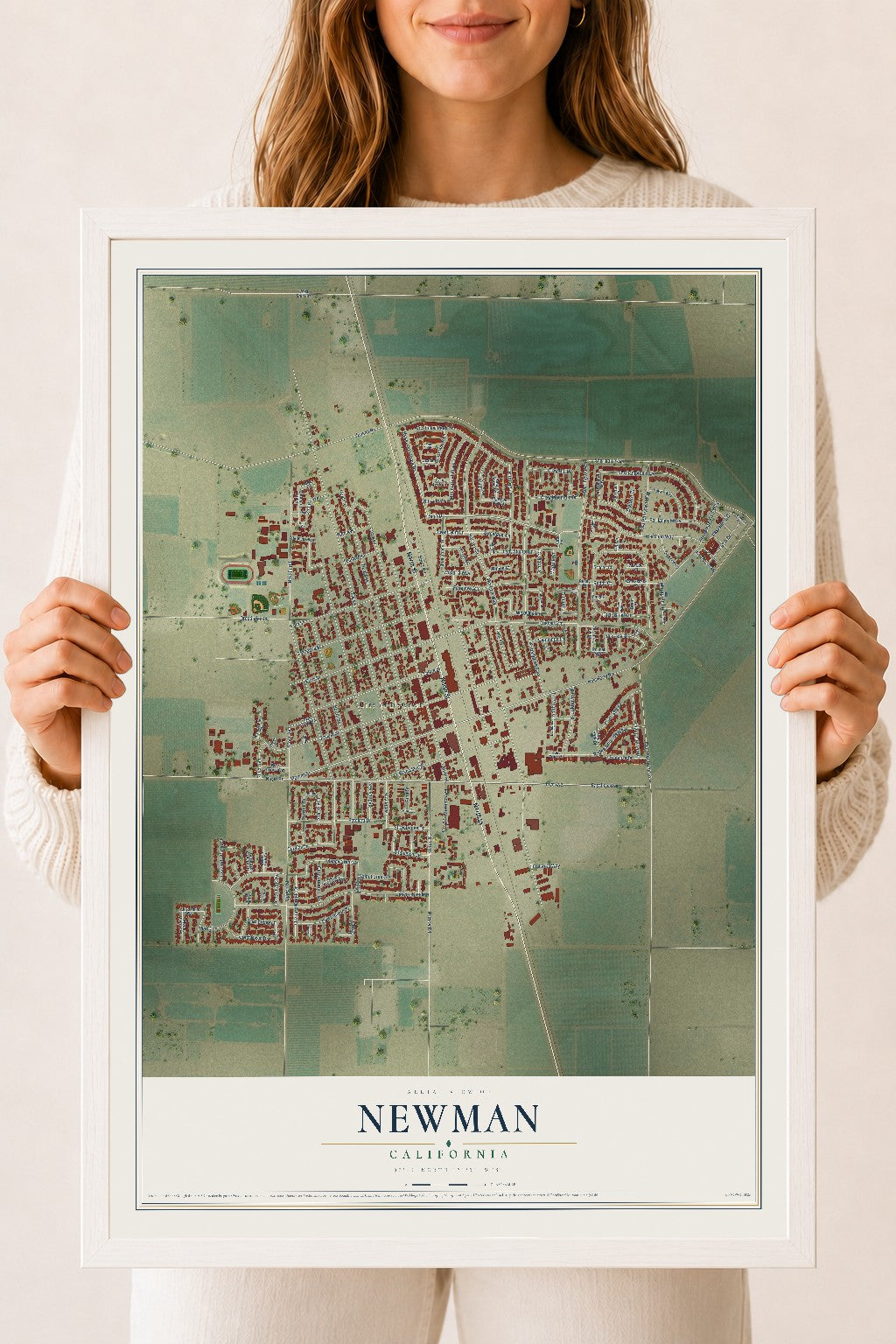 Map of Newman, California, 18 x 24 inch print in a white wood frame