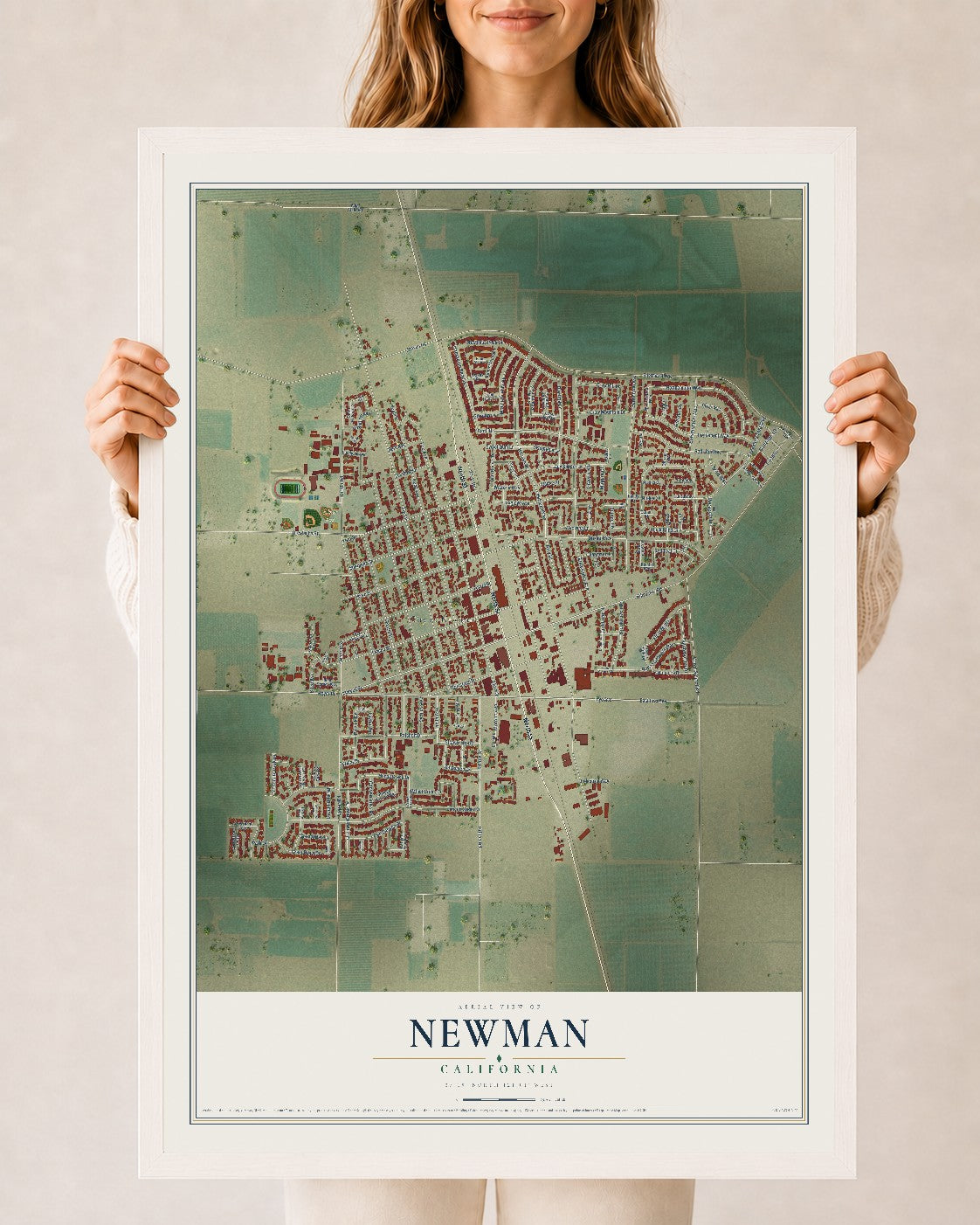 Map of Newman, California, 24 x 36 inch print in a white wood frame