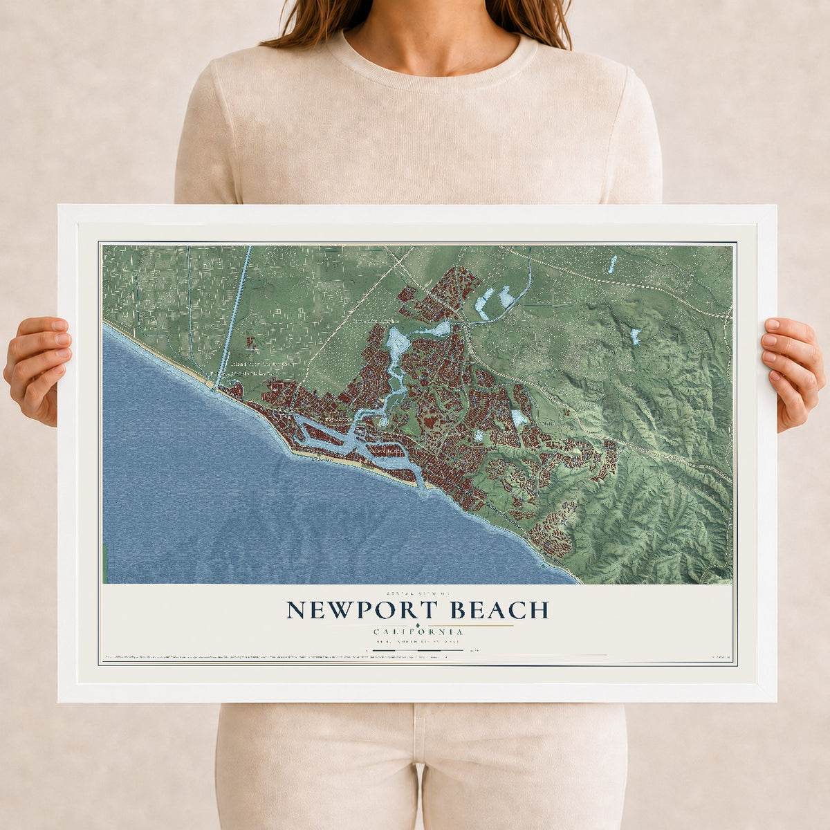 Map of Newport Beach, California, 12 x 18 inch print in a white wood frame