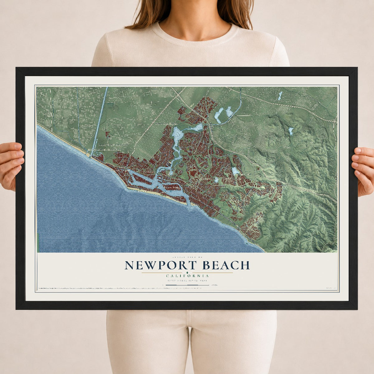 Map of Newport Beach, California, 18 x 24 inch print in a black wood frame