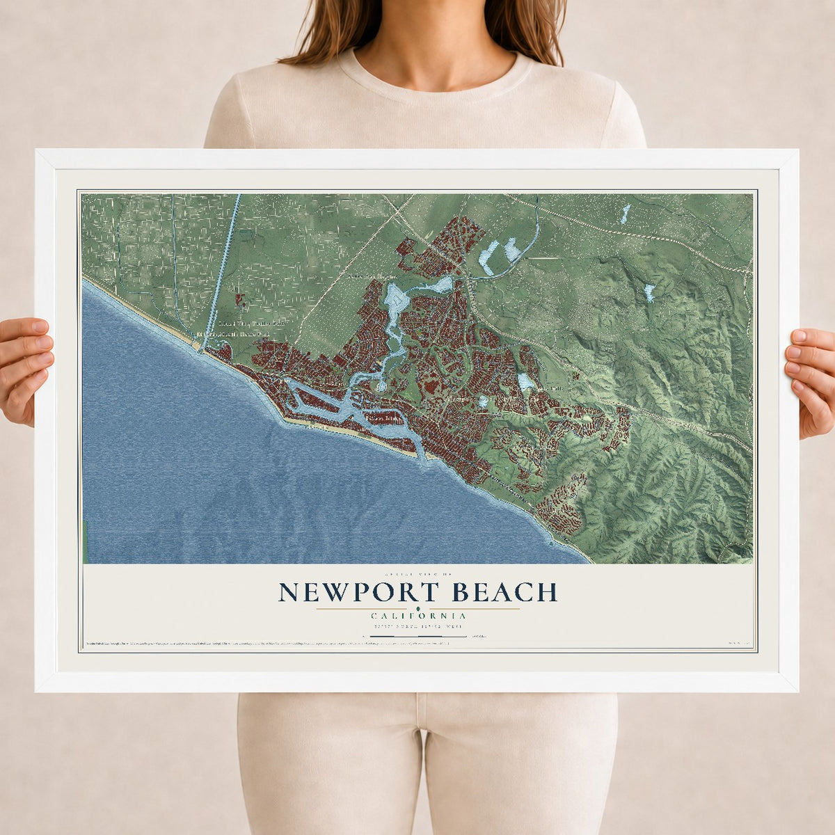 Map of Newport Beach, California, 18 x 24 inch print in a white wood frame