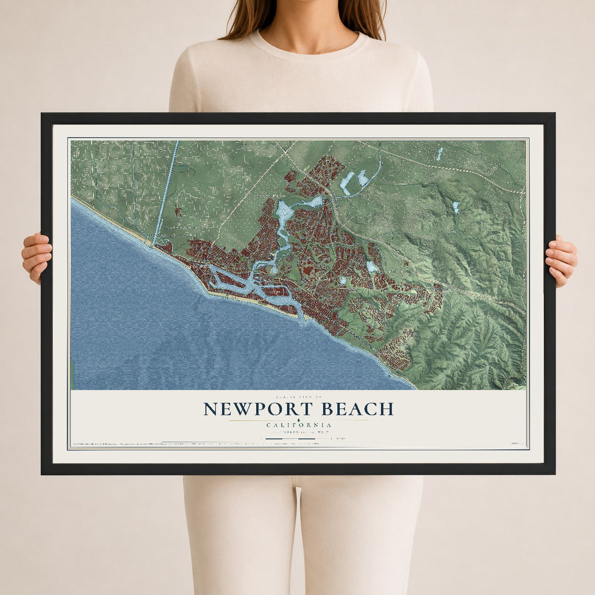 Map of Newport Beach, California, 24 x 36 inch print in a black wood frame
