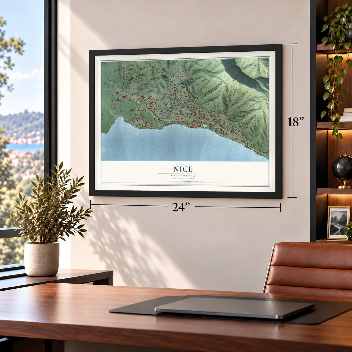 Nice, California map, 18 x 24 inch print in a black frame in a home office
