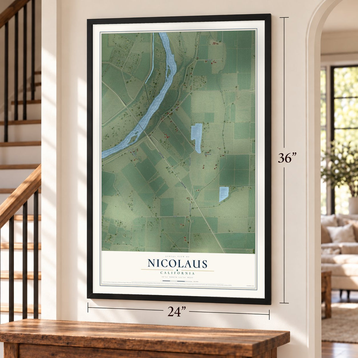 Nicolaus, California map, 24 x 36 inch print in a black frame by a staircase