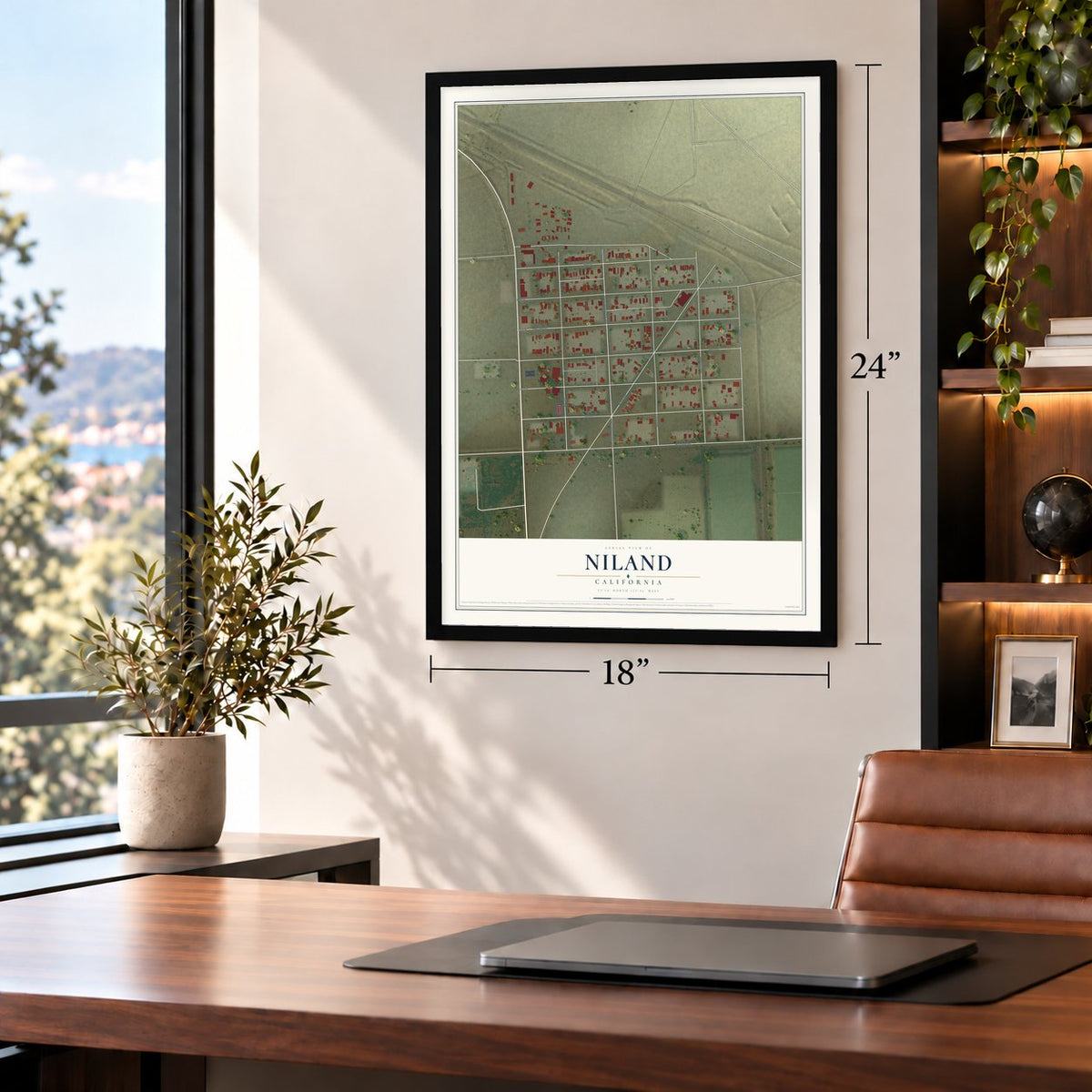 Niland, California map, 18 x 24 inch print in a black frame in a home office