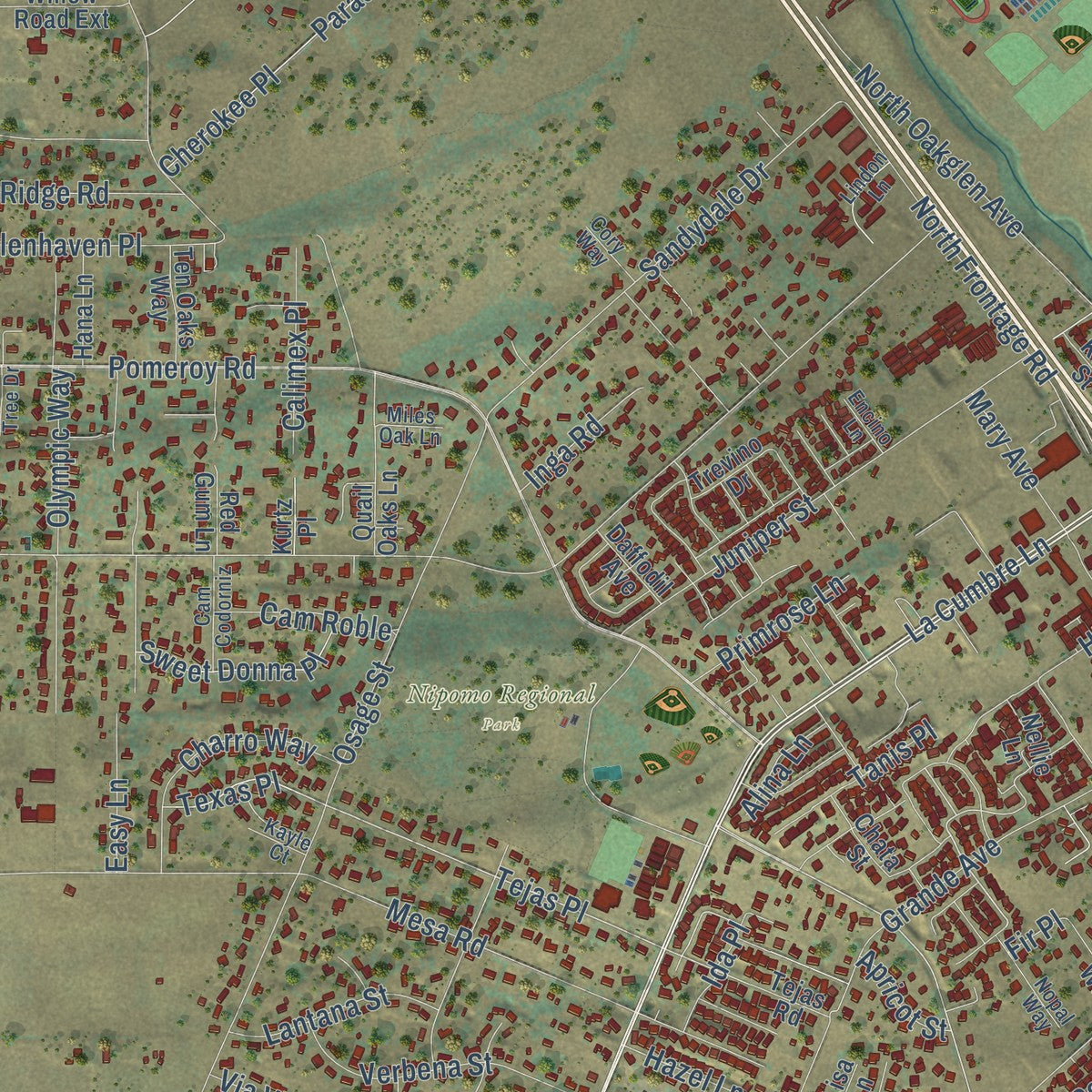 Close-up of the map of Nipomo, California print showing street and building detail