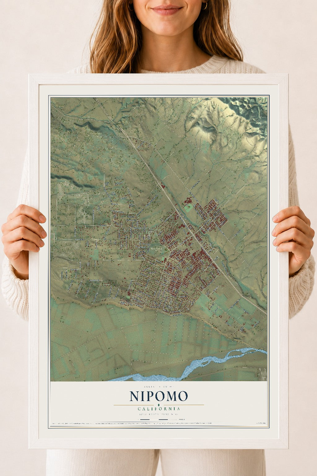 Map of Nipomo, California, 18 x 24 inch print in a white wood frame