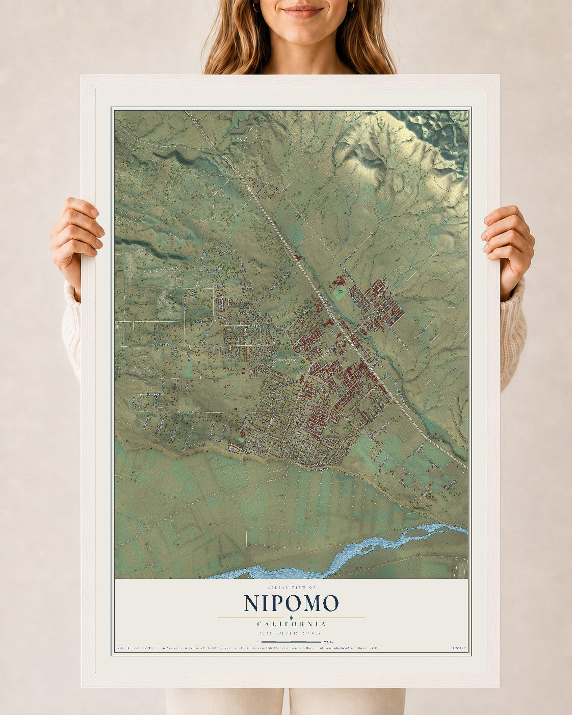 Map of Nipomo, California, 24 x 36 inch print in a white wood frame