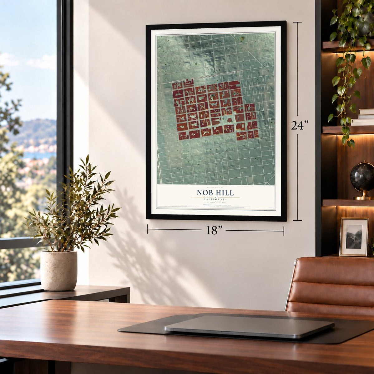 Nob Hill, California map, 18 x 24 inch print in a black frame in a home office
