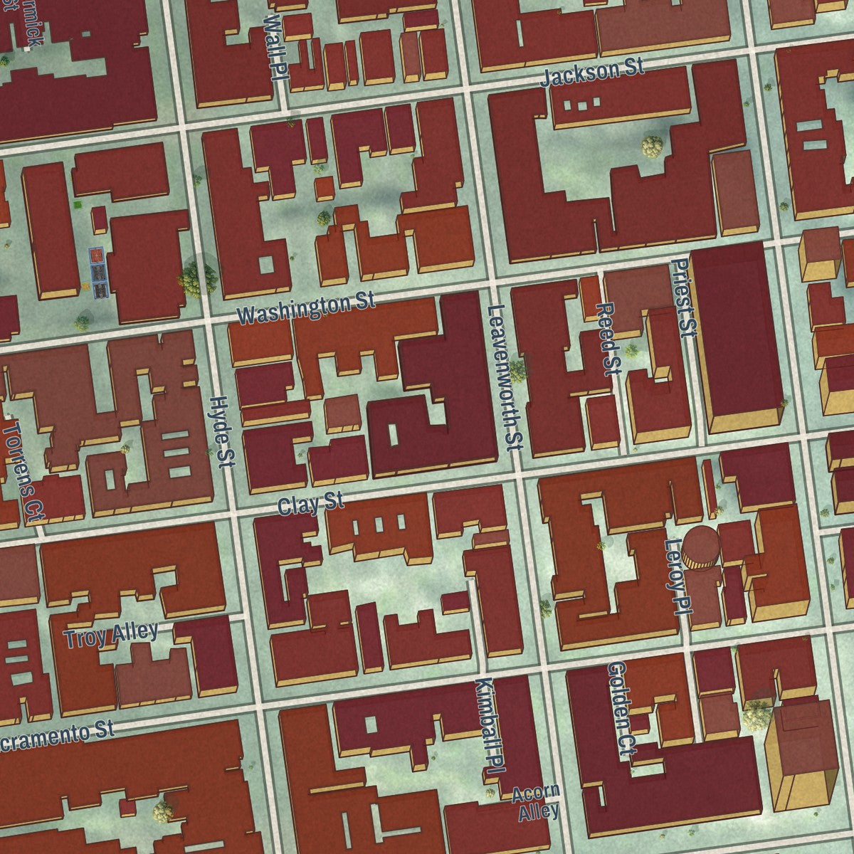 Close-up of the map of Nob Hill, California print showing street and building detail
