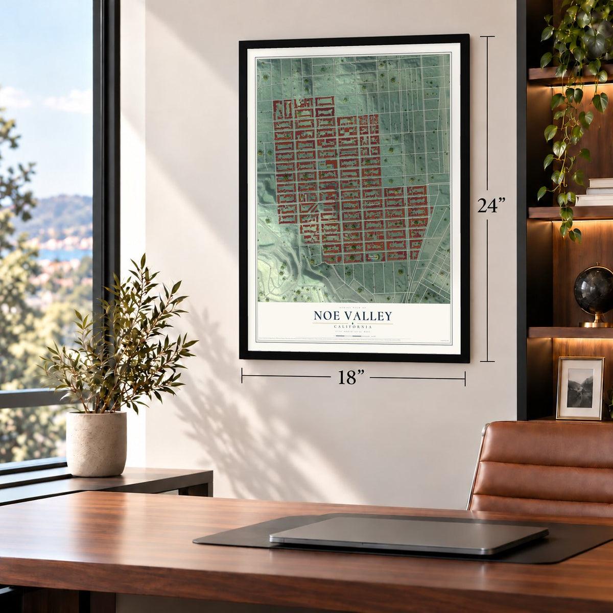 Noe Valley, California map, 18 x 24 inch print in a black frame in a home office