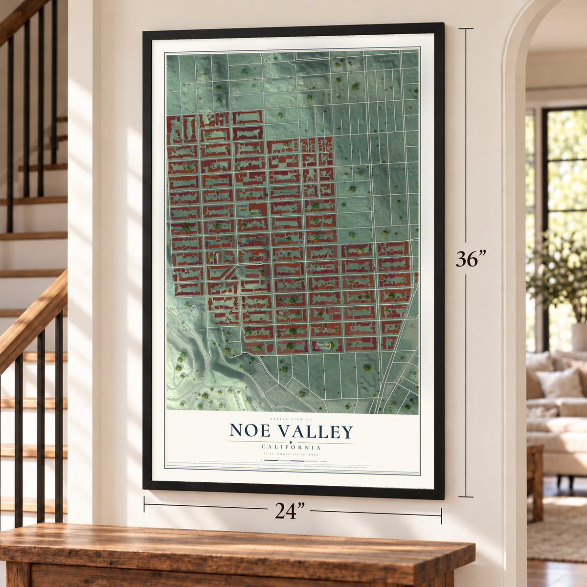 Noe Valley, California map, 24 x 36 inch print in a black frame by a staircase