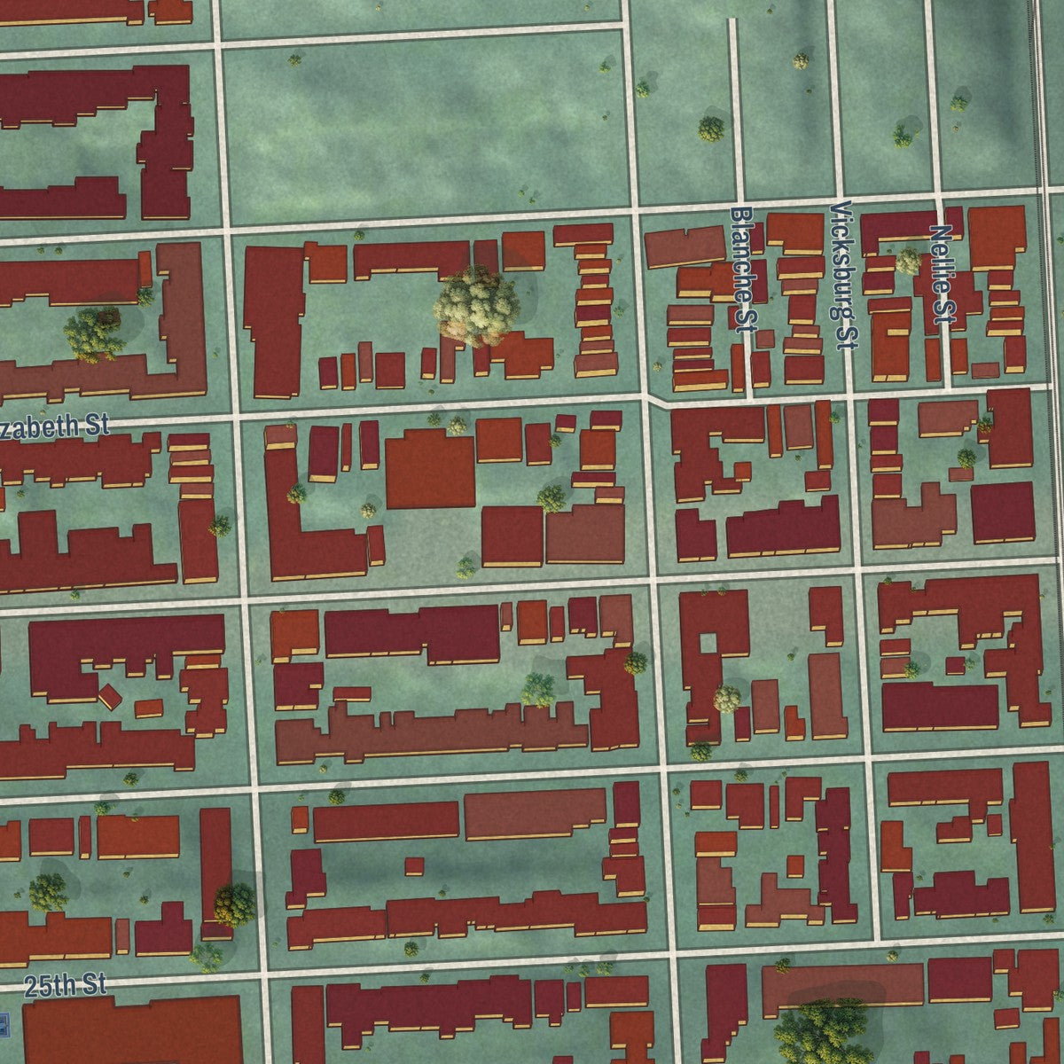 Close-up of the map of Noe Valley, California print showing street and building detail