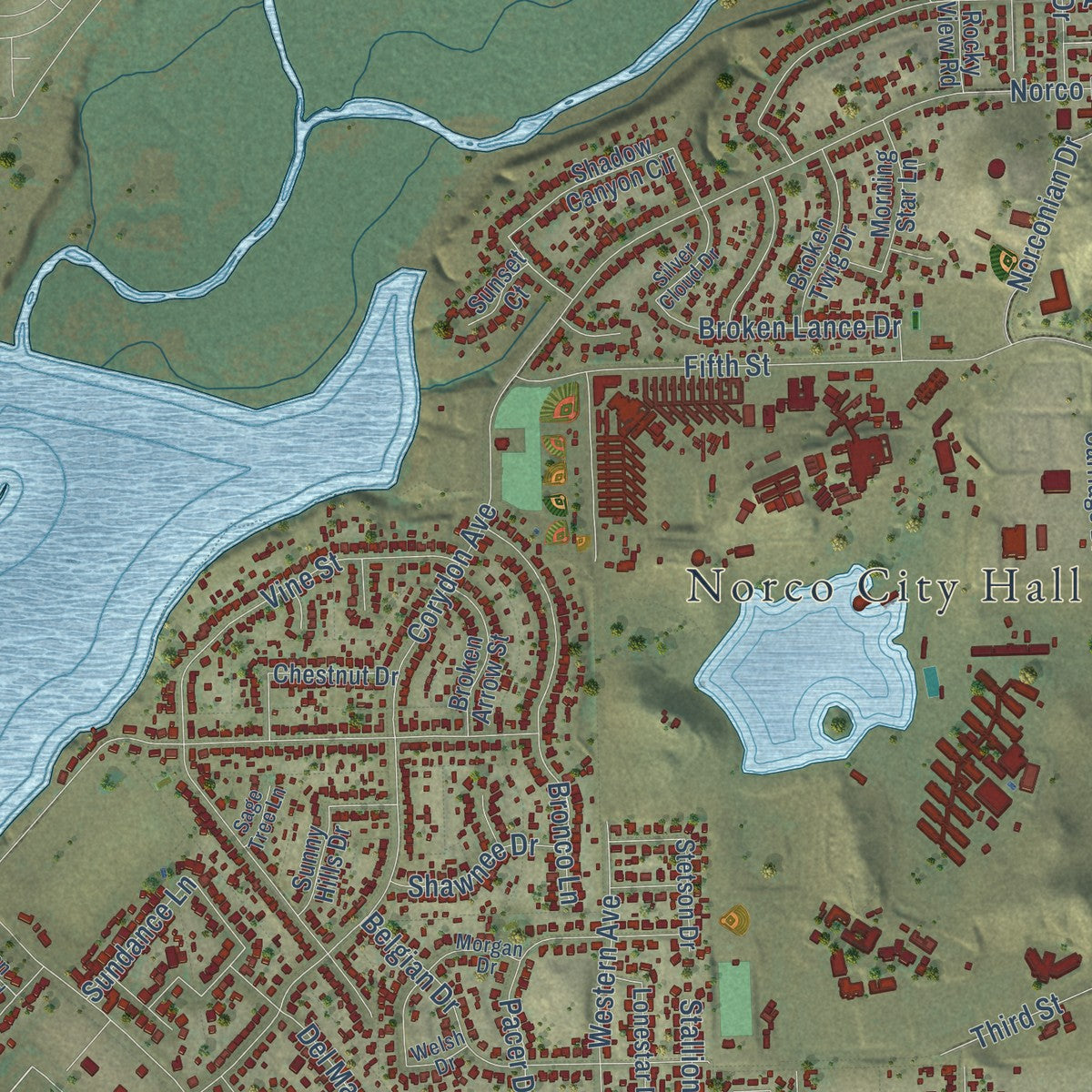 Second close-up of the map of Norco, California print showing more streets and buildings