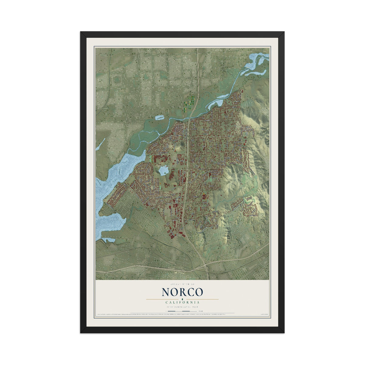 Map of Norco, California, 12 x 18 inch print in a black wood frame