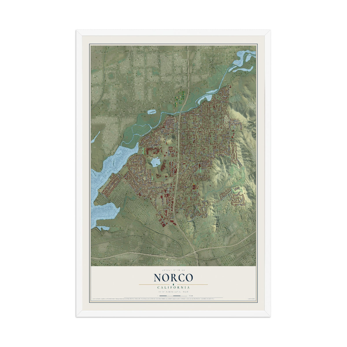 Map of Norco, California, 12 x 18 inch print in a white wood frame